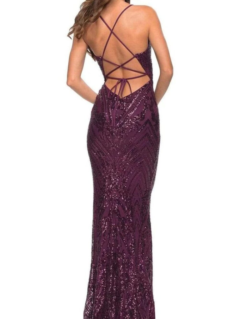 NWT La Femme 30496 Sequin-Ornate Backless Prom Dress Dark Berry size 8 - Picture 2 of 6